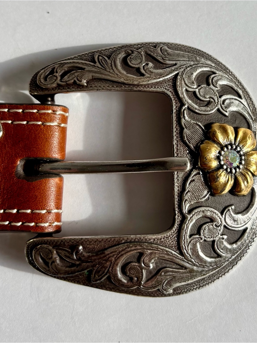 Nocona Women’s Western Tooled Leather Brown Rhinestone Buckle Belt - Picture 9 of 11
